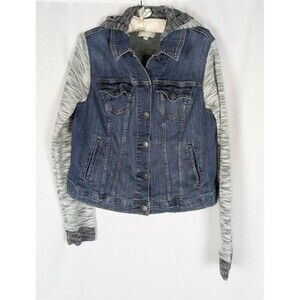 Torrid Jean Jacket L Women's Blue Denim Button Down Knit Long Sleeves Hooded
